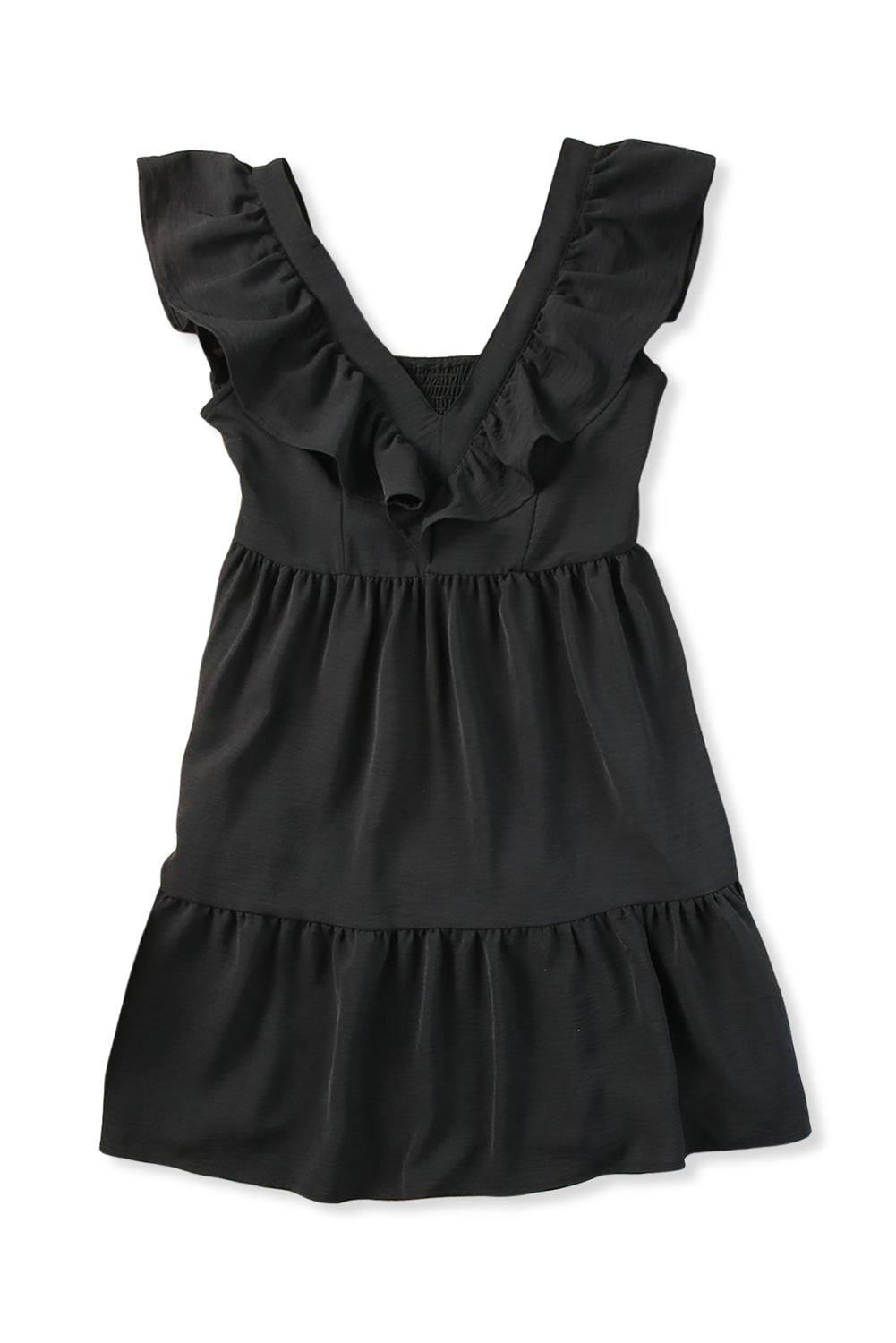 Blue Ruffle Trim V Neck Smocking Back Mini Dress
