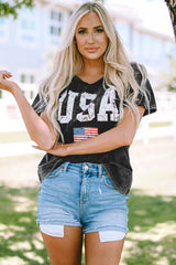 Black Distressed Tie-dye USA Flag Print T-shirt