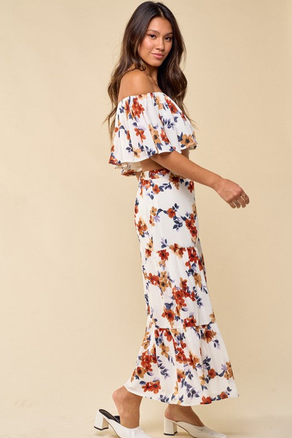 White Floral Print Off-shoulder Crop Top and Maxi Skirt Set