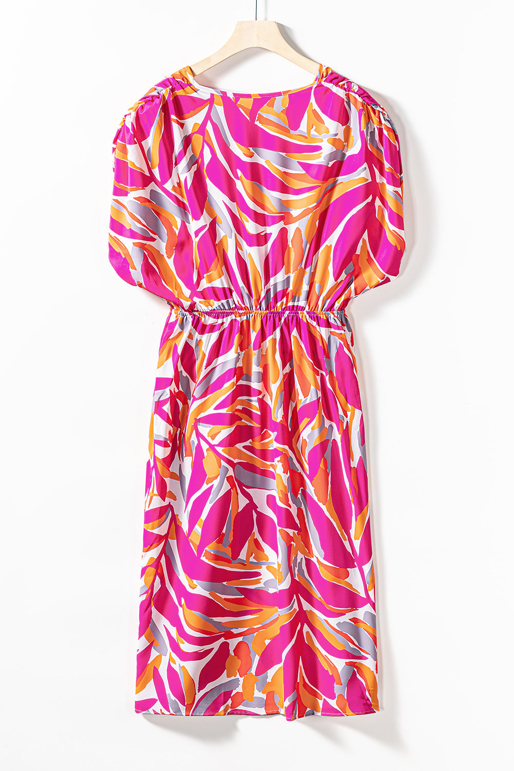 Rose Tropical Leafy Print Drawstring V Neck Midi Dress