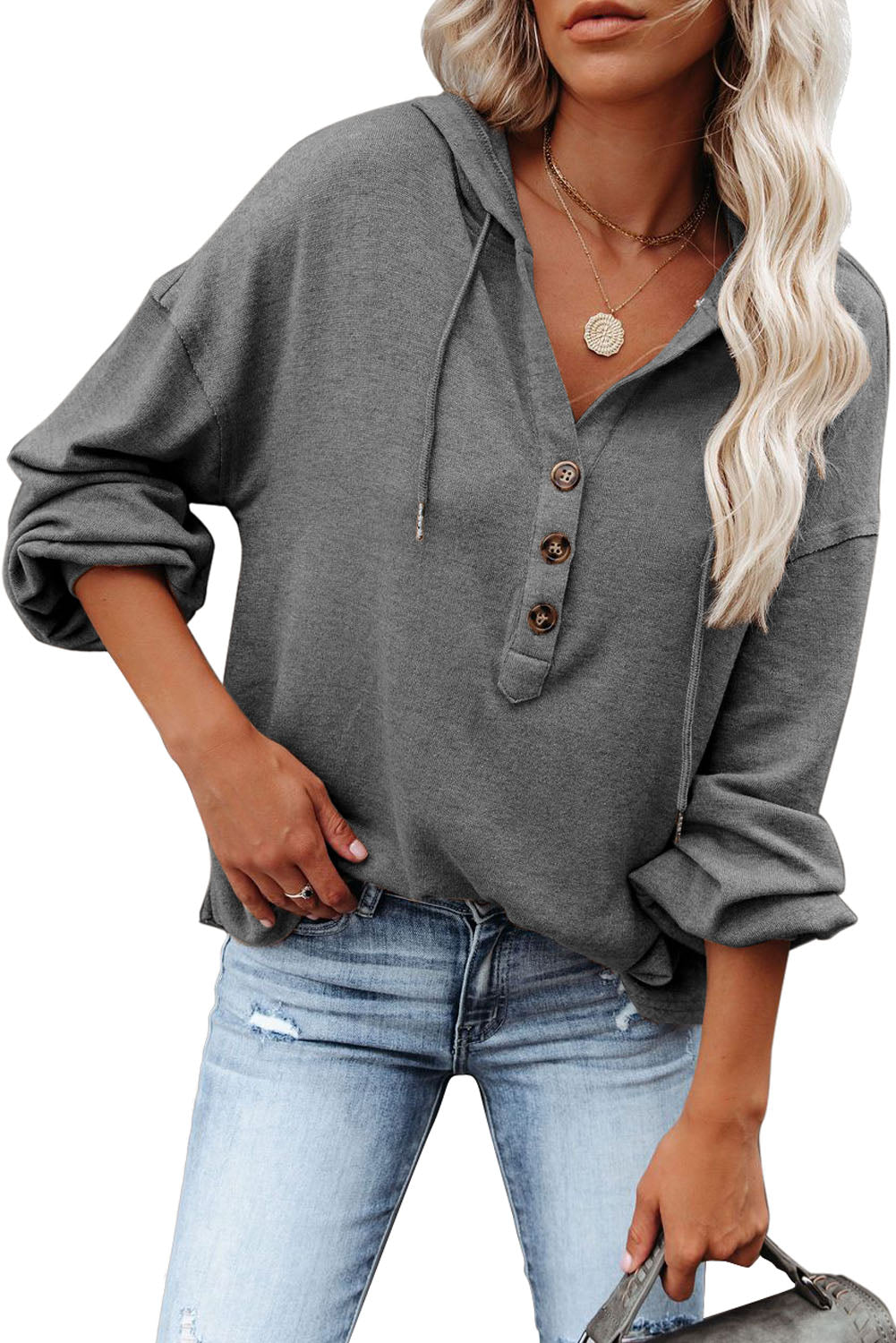 Buttoned High and Low Hem Hoodie