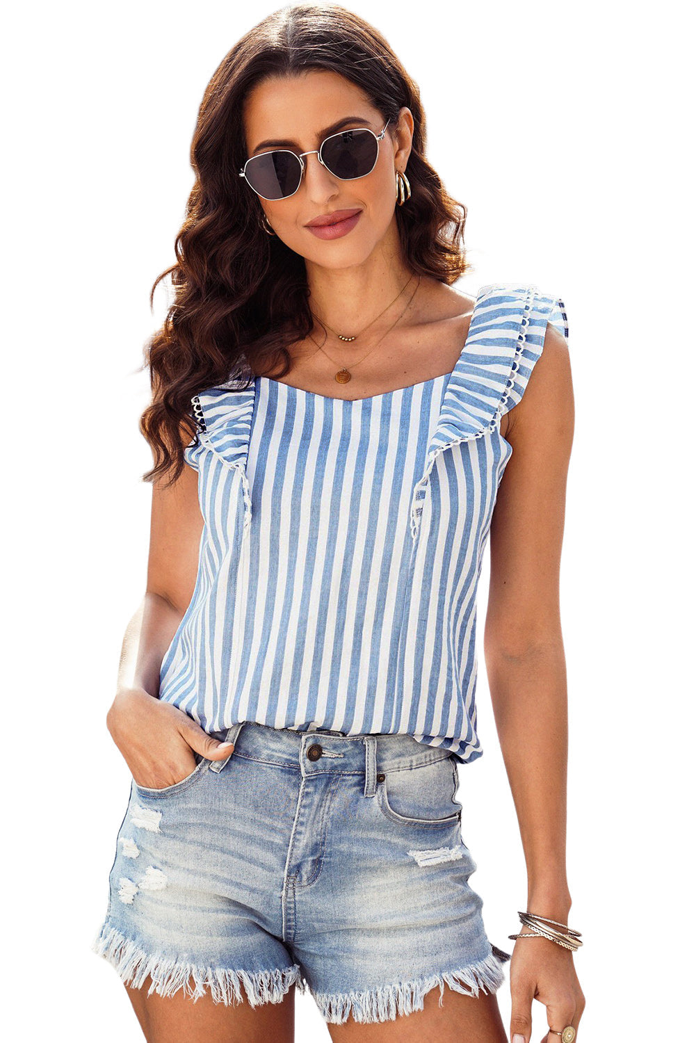 Blue Striped Tie Back Ruffle Trim Tank Top