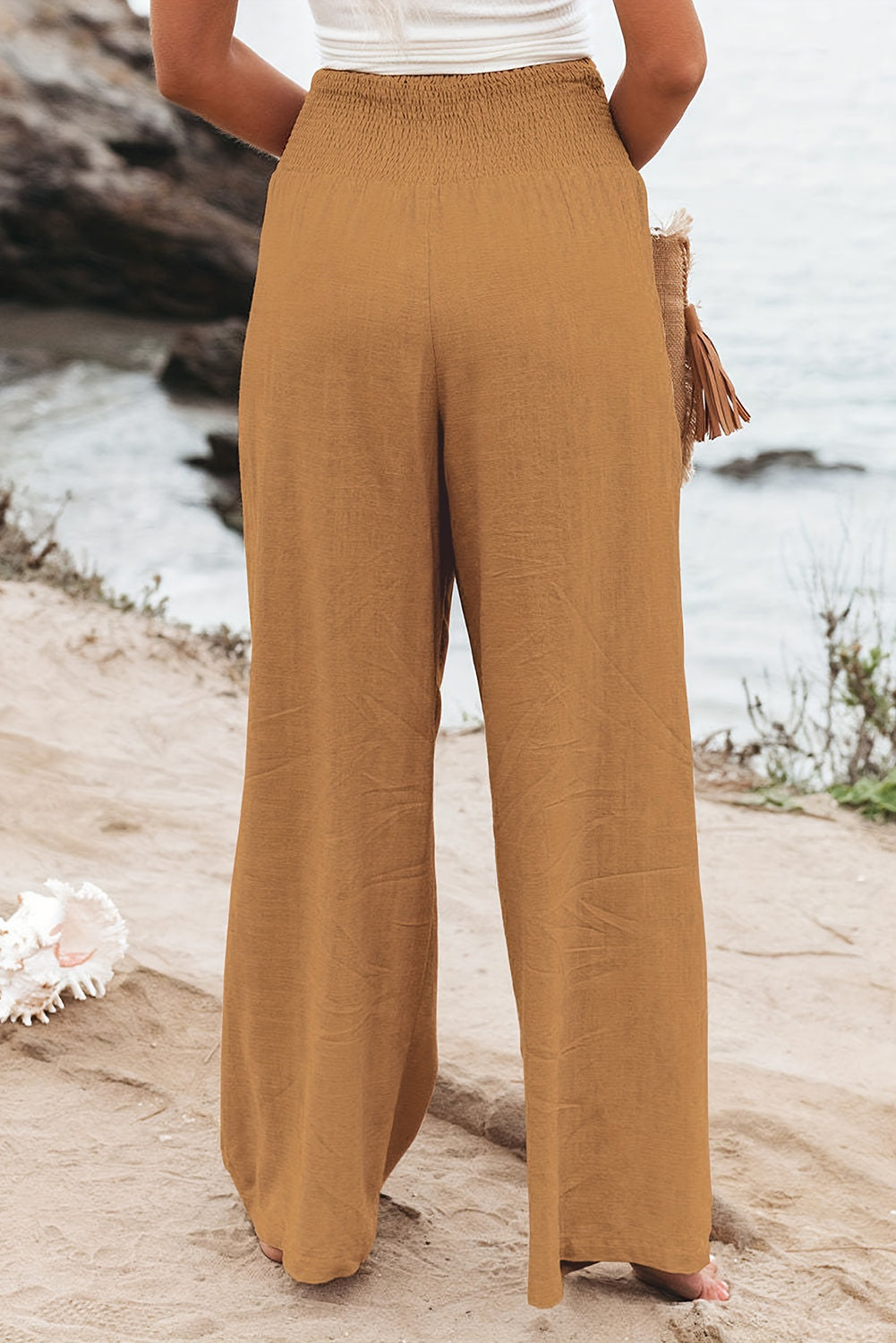 Black Smocked Wide Waistband High Waist Wide Leg Pants