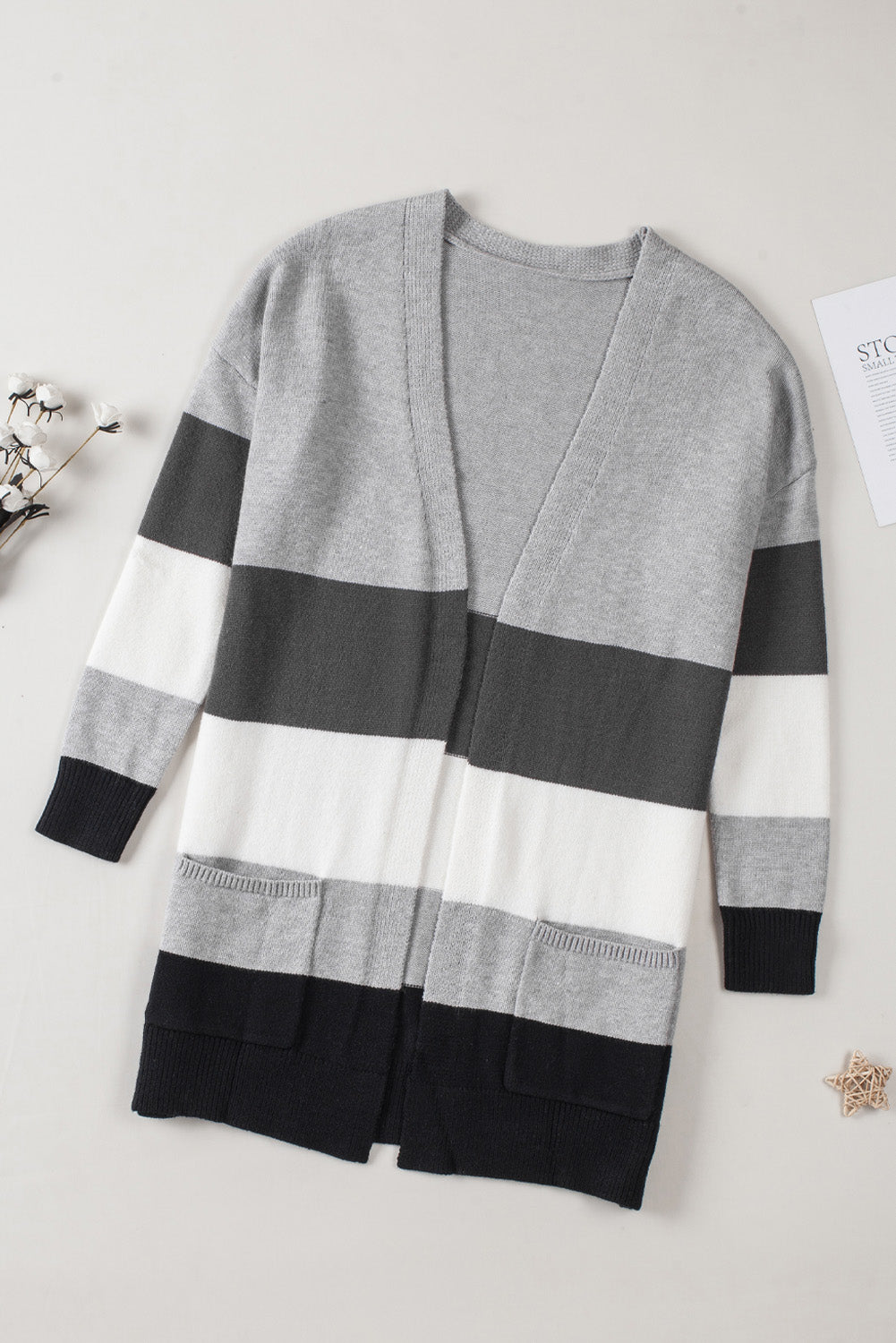 Khaki Open Front Colorblock Cardigan with Pockets