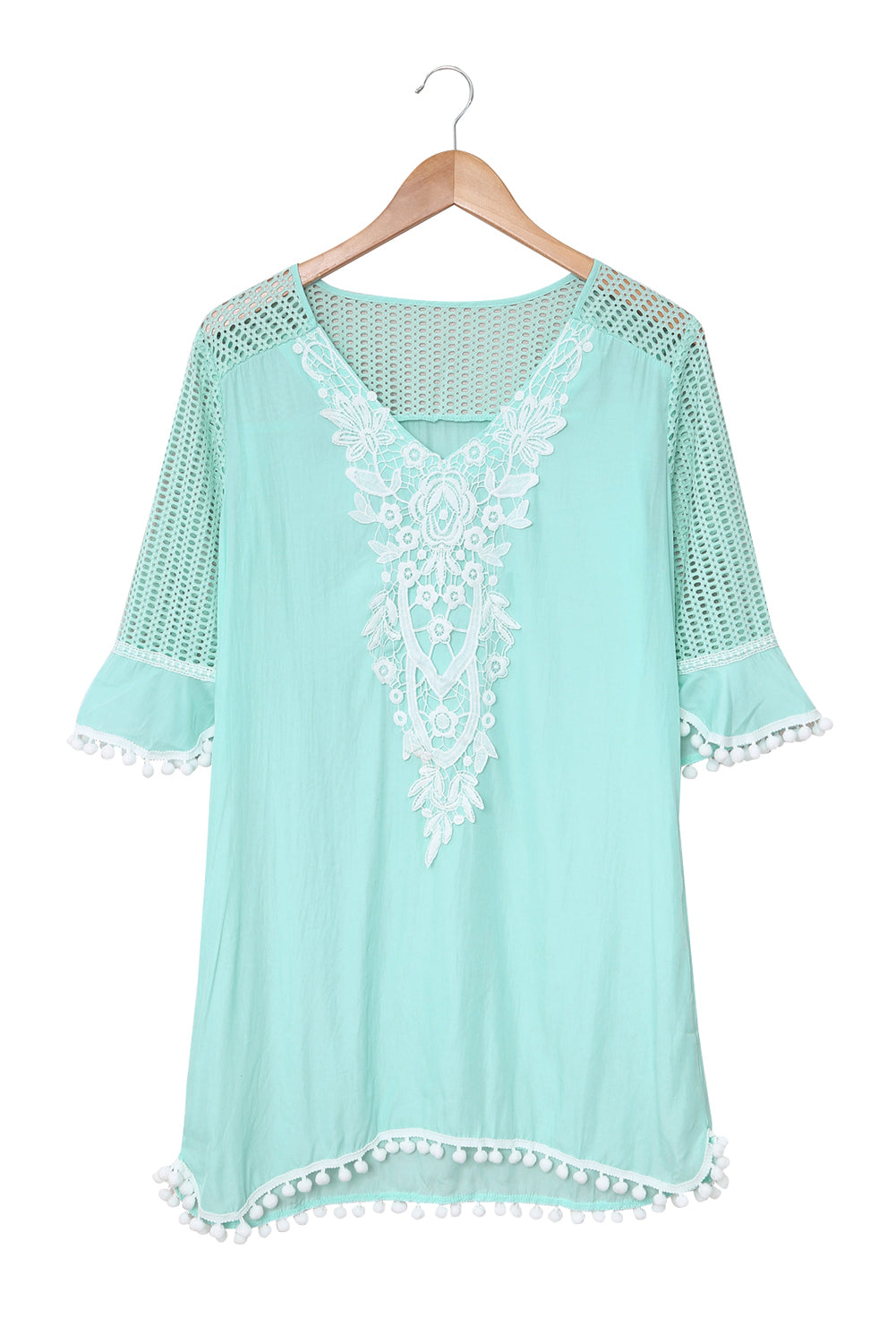 Green Crochet Pom Pom Trim Beach Tunic Cover up