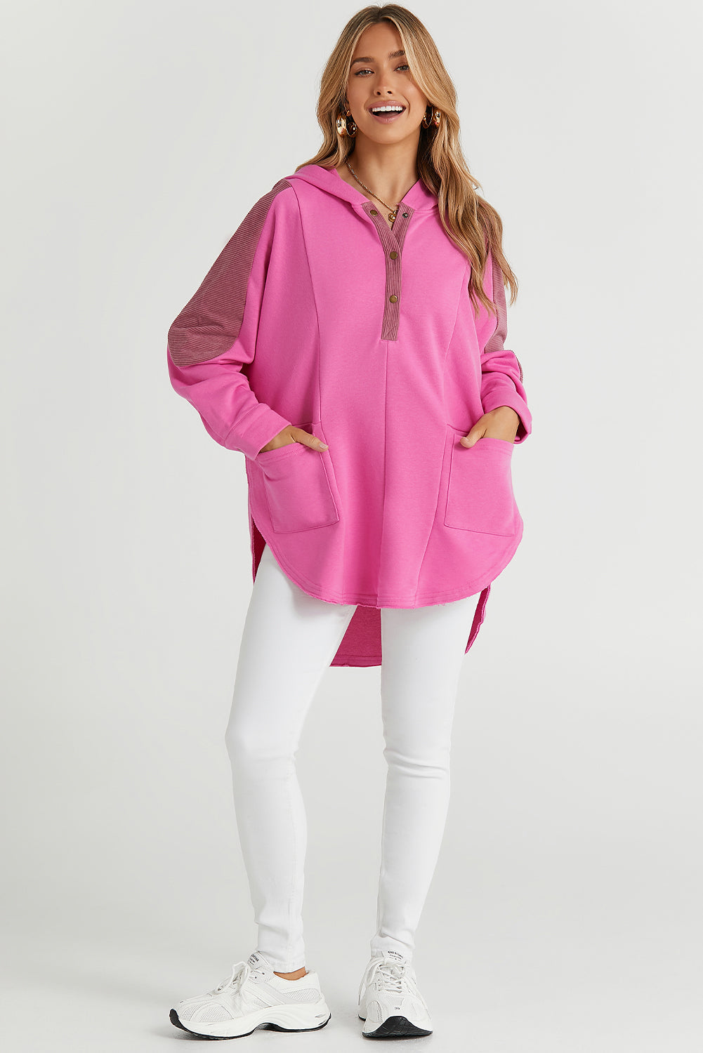 Rose Patchwork Side Pockets Oversized Henley Hoodie