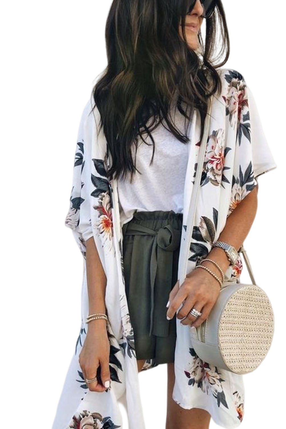 White Floral Print Summer Kimono
