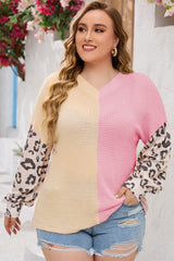 Pink Plus Size Leopard Sleeve Color Block Waffle Knit Top