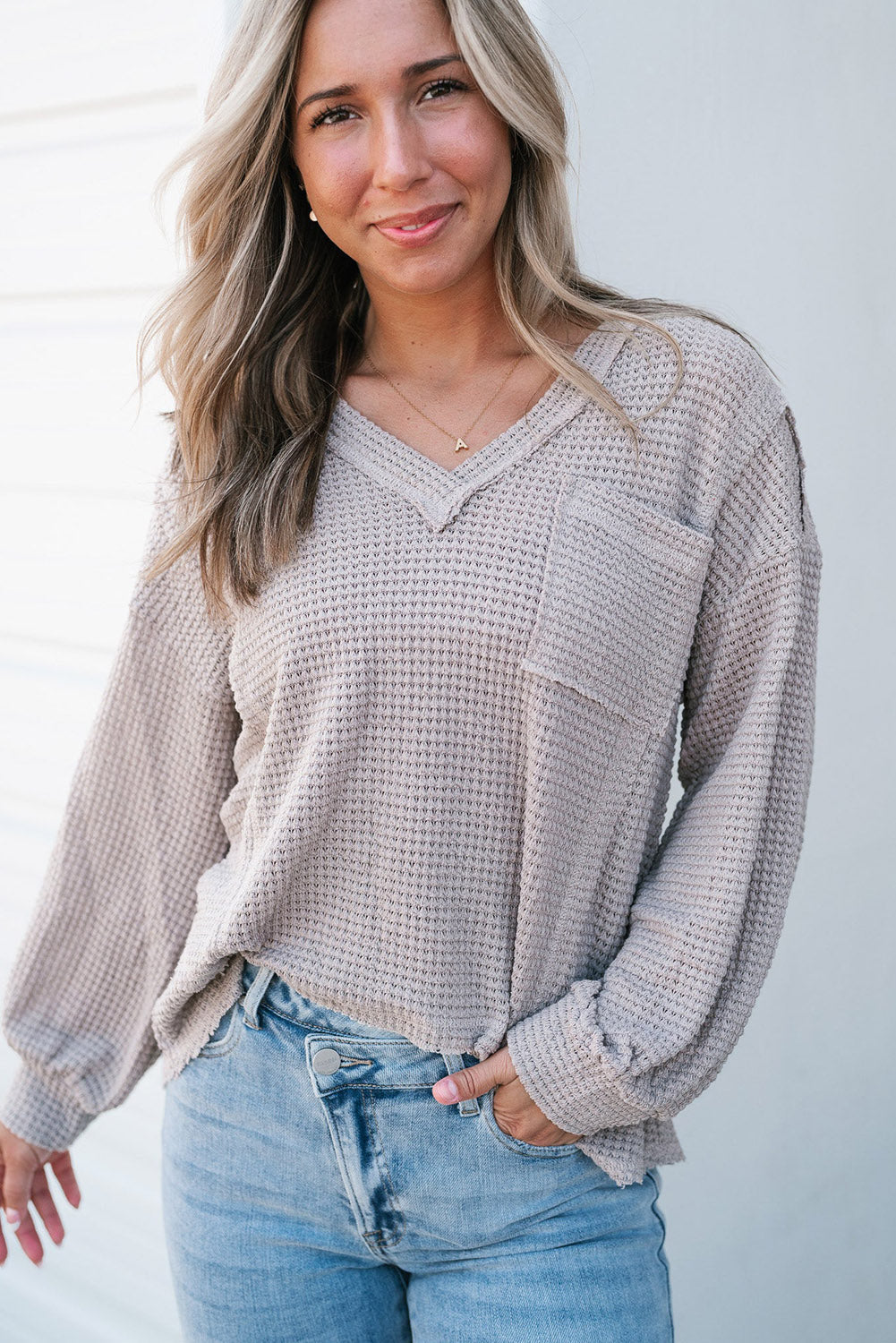 Light Grey Raw Edge Detail Waffle Knit V Neck Top