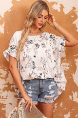 White Floral Ruffled Short Sleeve Back Knot Blouse