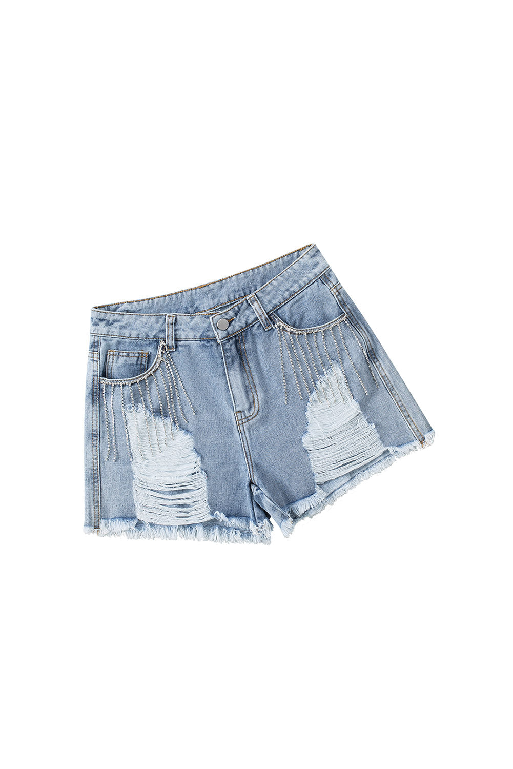 Sky Blue Rhinestone Tassel Distressed Denim Shorts