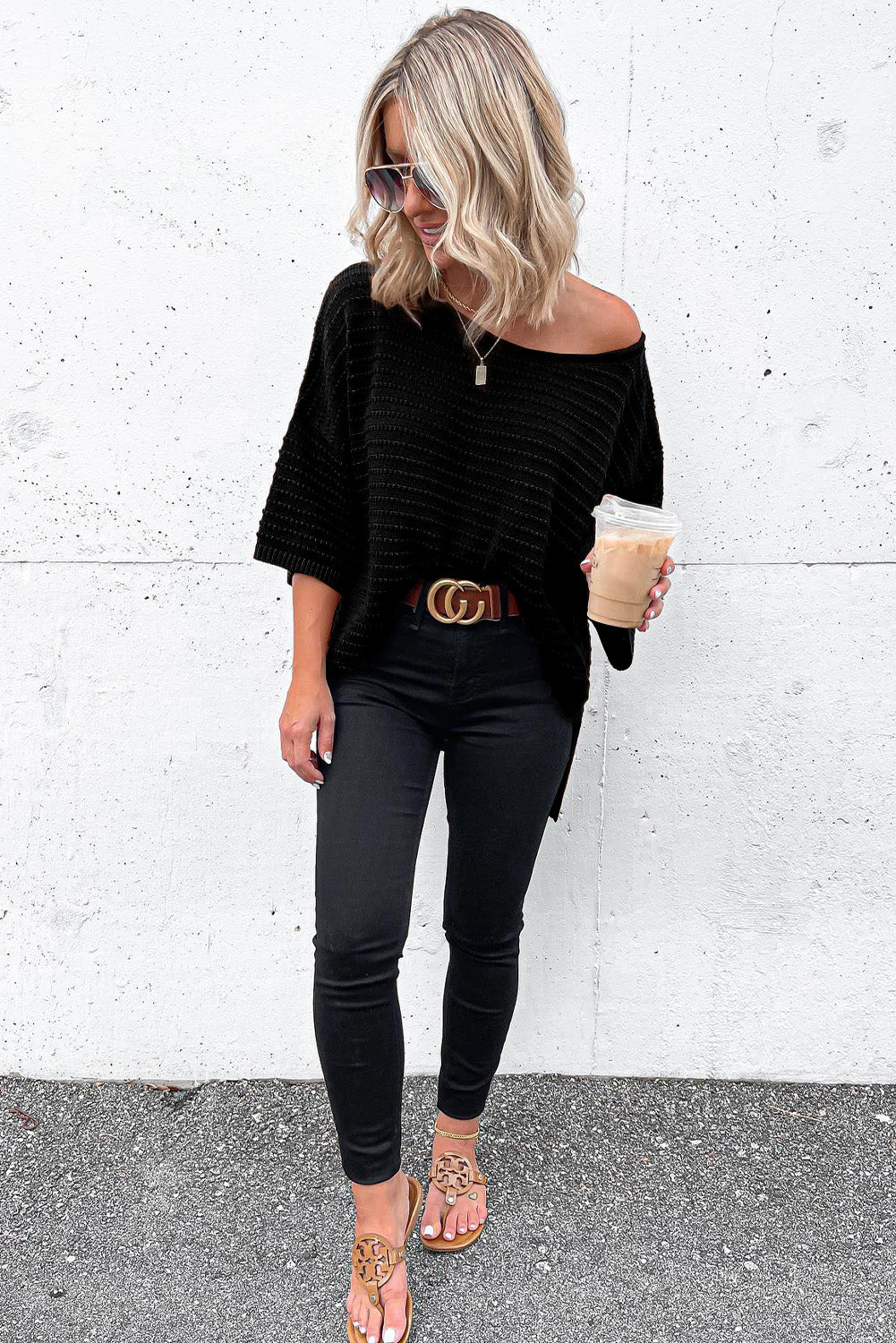 Apricot Textured Knit Drop Shoulder Tee