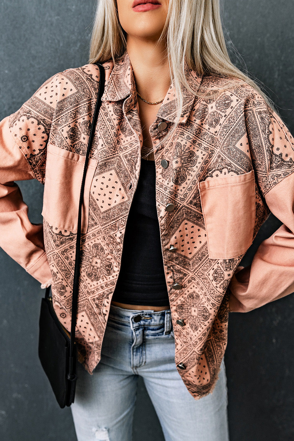 Pink Geometric Print Ripped Shirt Jacket with Pockets