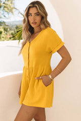 Yellow Button V Neck Crinkle Pocketed Romper