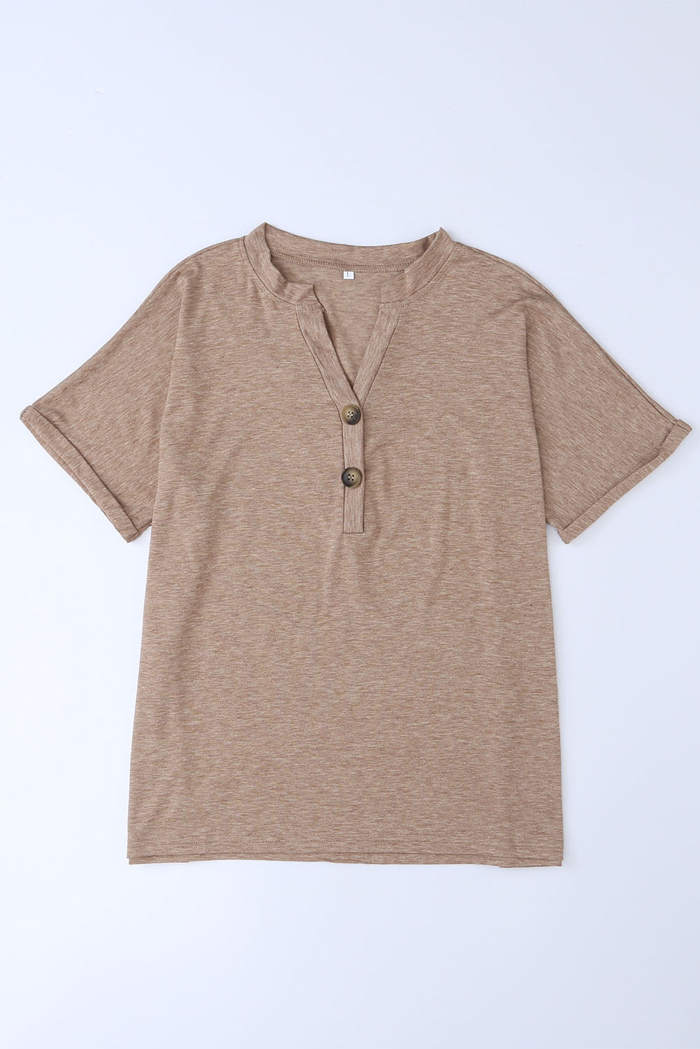 Khaki Button V Neck Rolled Sleeve T Shirt