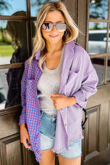 Purple Mixed Plaid Button Down Long Sleeve Chest Pocket Shirt