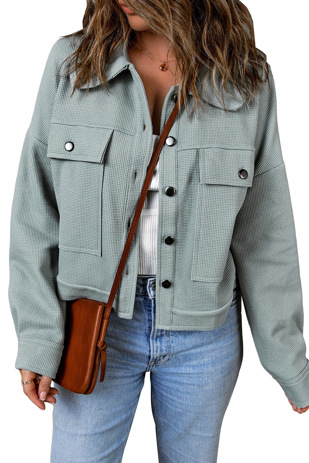Sky Blue Waffle Knit Buttons Cropped Jacket with Pockets