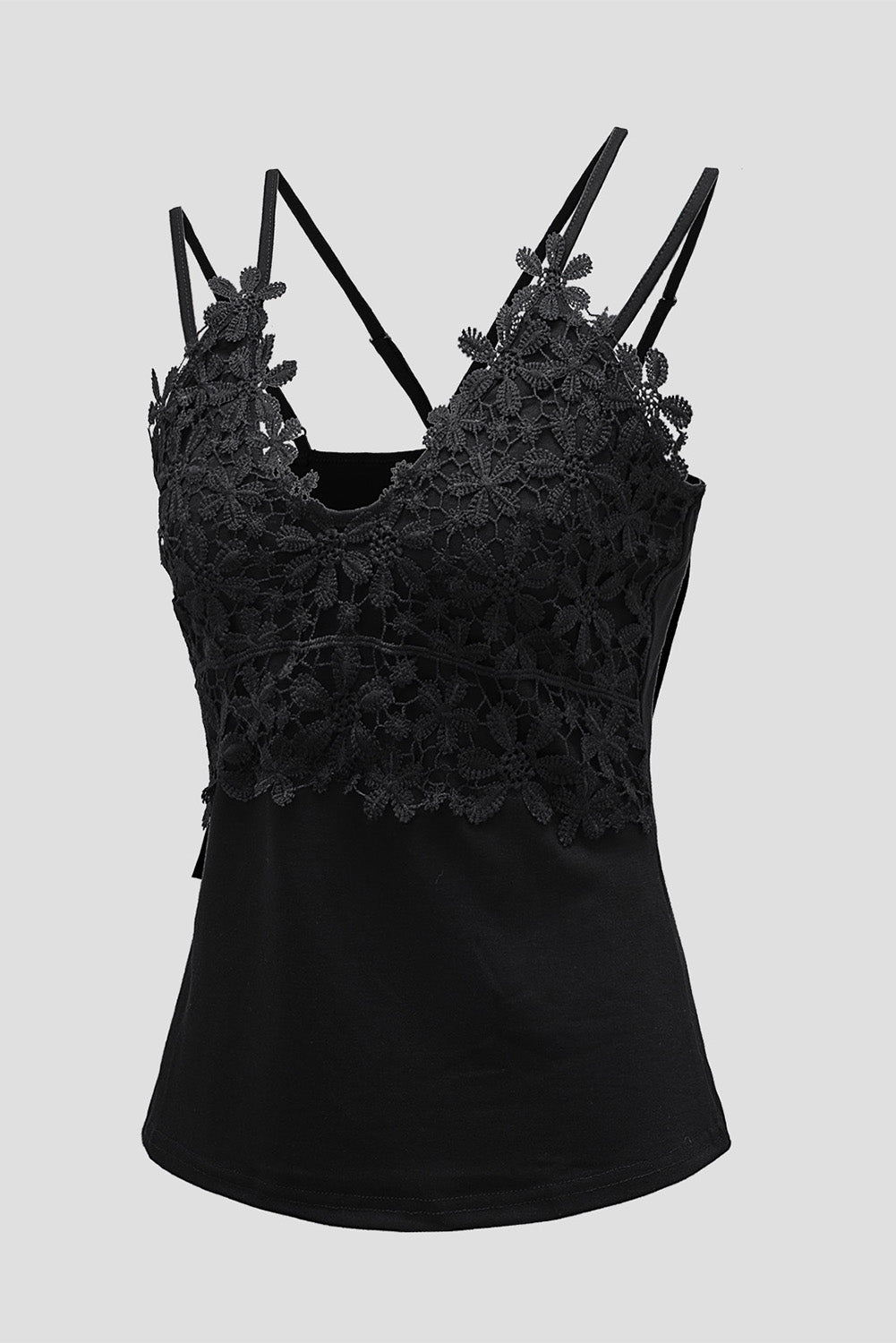 Black Lace Overlay Strappy Hollow-out Tank Top