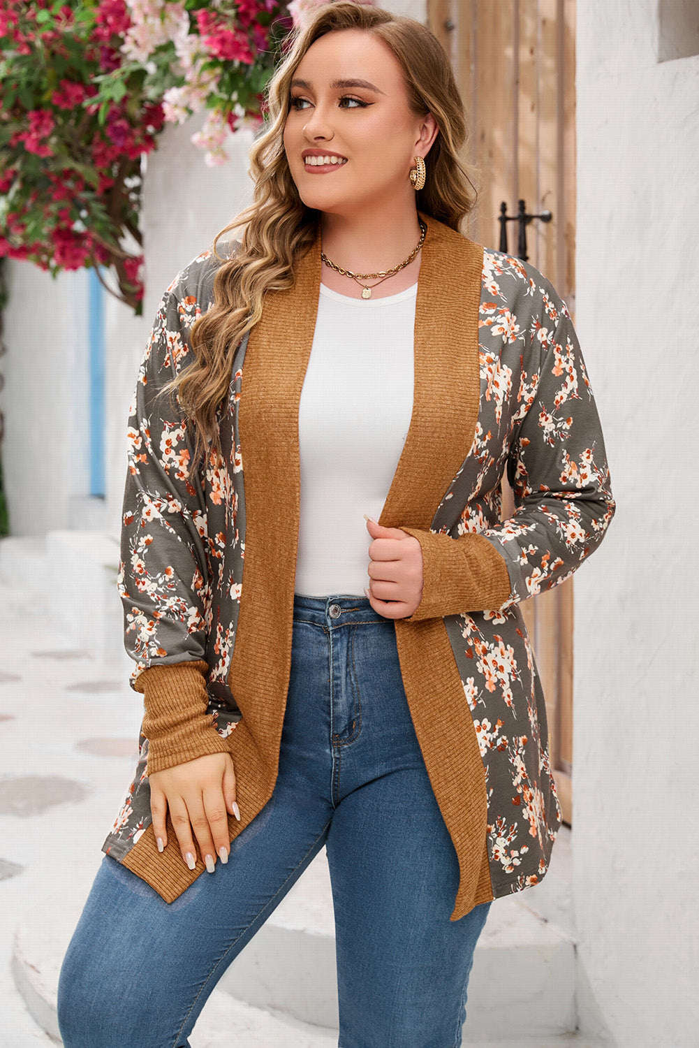 Brown Floral Patchwork Knitted Plus Size Cardigan