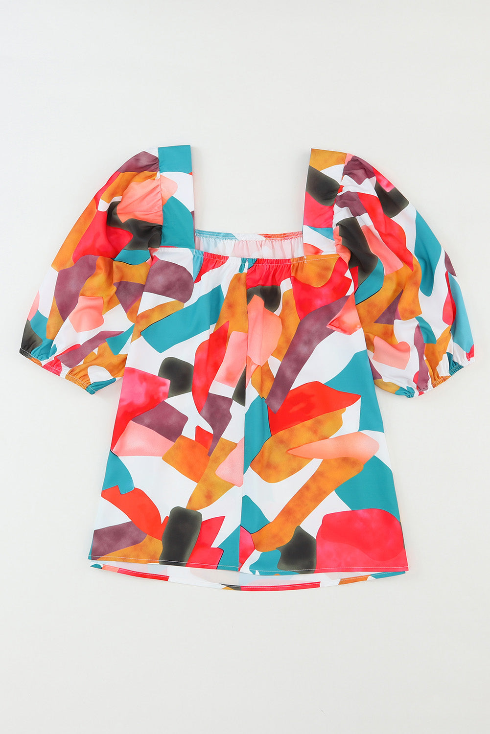 Multicolor Square Neck Abstract Print Short Sleeve Blouse