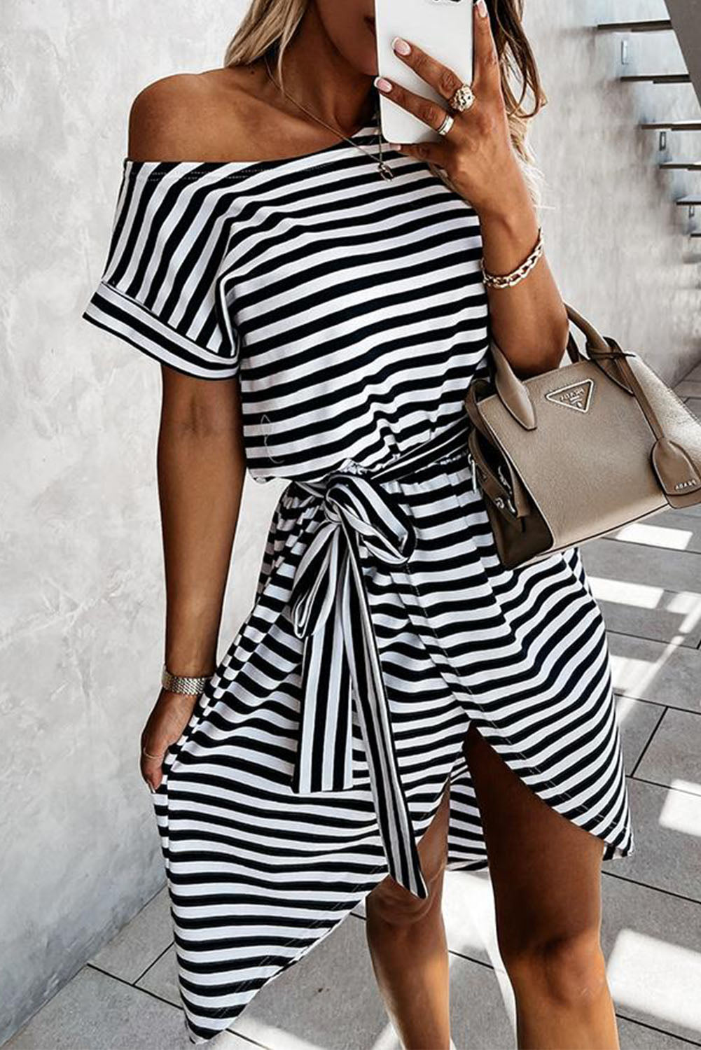 Black Stripe Short Sleeve Belted Wrapped Hemline T-Shirt Dress