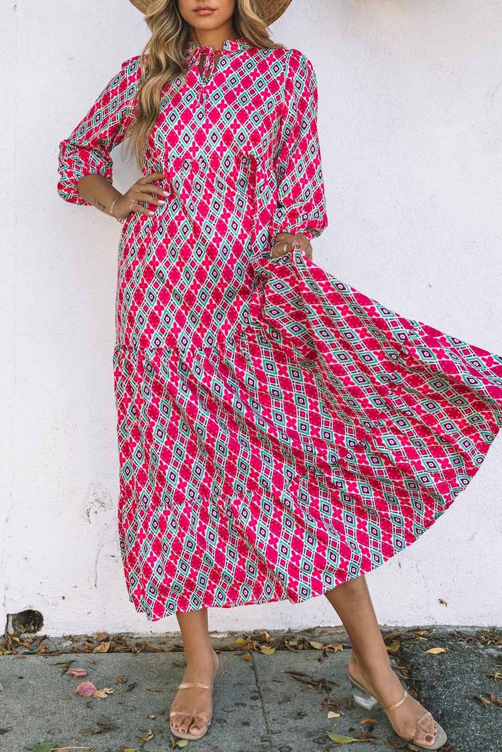Rose Bohemian Geometry Print 3/4 Puff Sleeve Dress