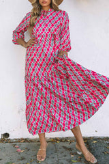 Rose Bohemian Geometry Print 3/4 Puff Sleeve Dress