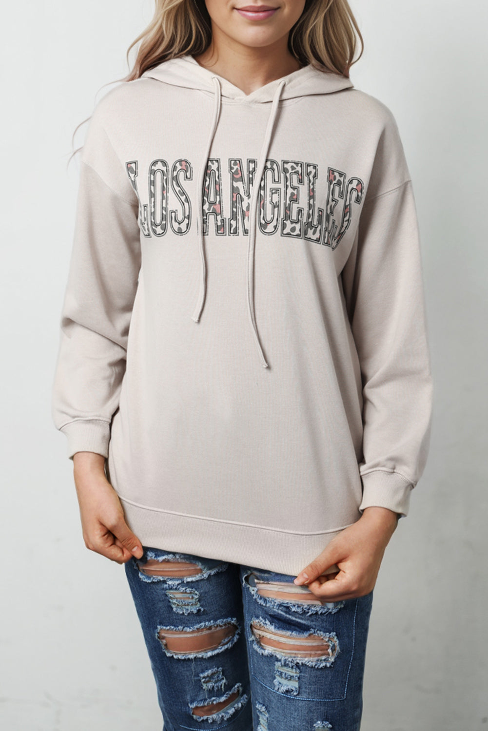 Khaki LOS ANGELES Leopard Letter Graphic Hooded Sweatshirt