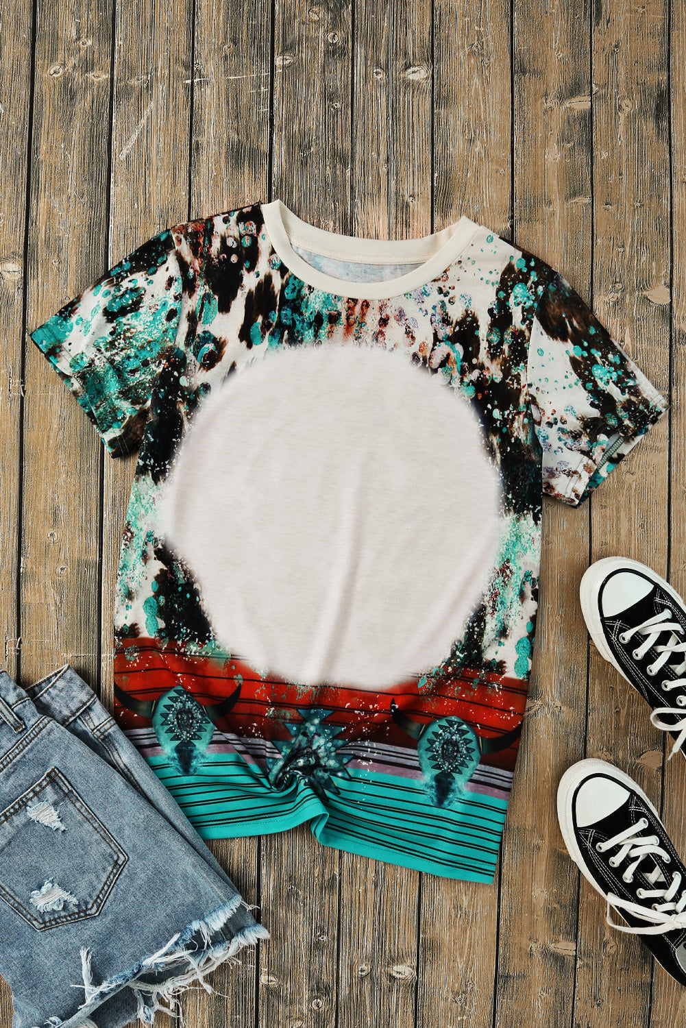 Green Bleached Western Print Blank Graphic T Shirt