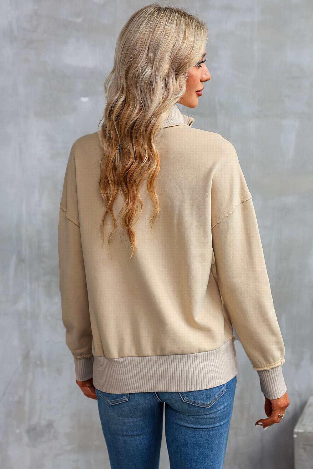 Khaki Ribbed Hem Snap Button Neckline Sweatshirt with Pocket