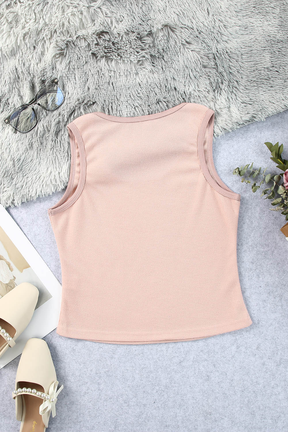 Gray Plain Waffle Knit U Neck Tank Top