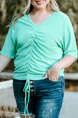 Green Plus Size Ruched Rib Drawstring V Neck Top