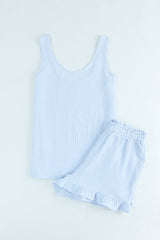 Sky Blue Textured U Neck Tank Top and High Waist Shorts Set