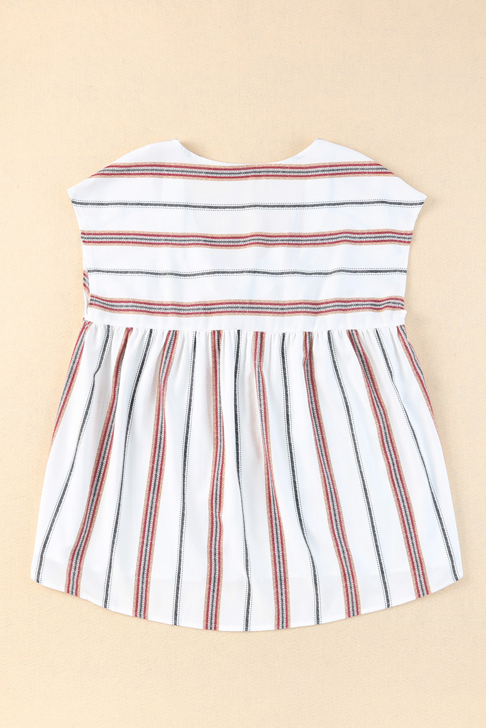 White Striped Print Loose V Neck Short Sleeve Top