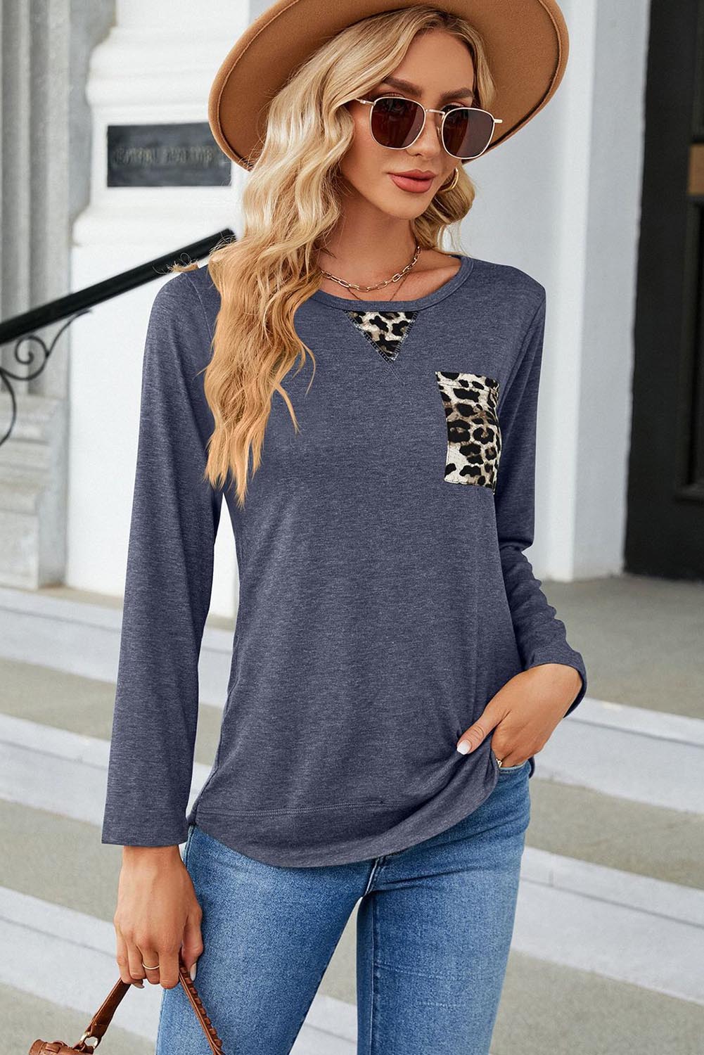 Blue Leopard Patch Detail Long Sleeve Top