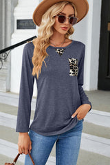 Blue Leopard Patch Detail Long Sleeve Top