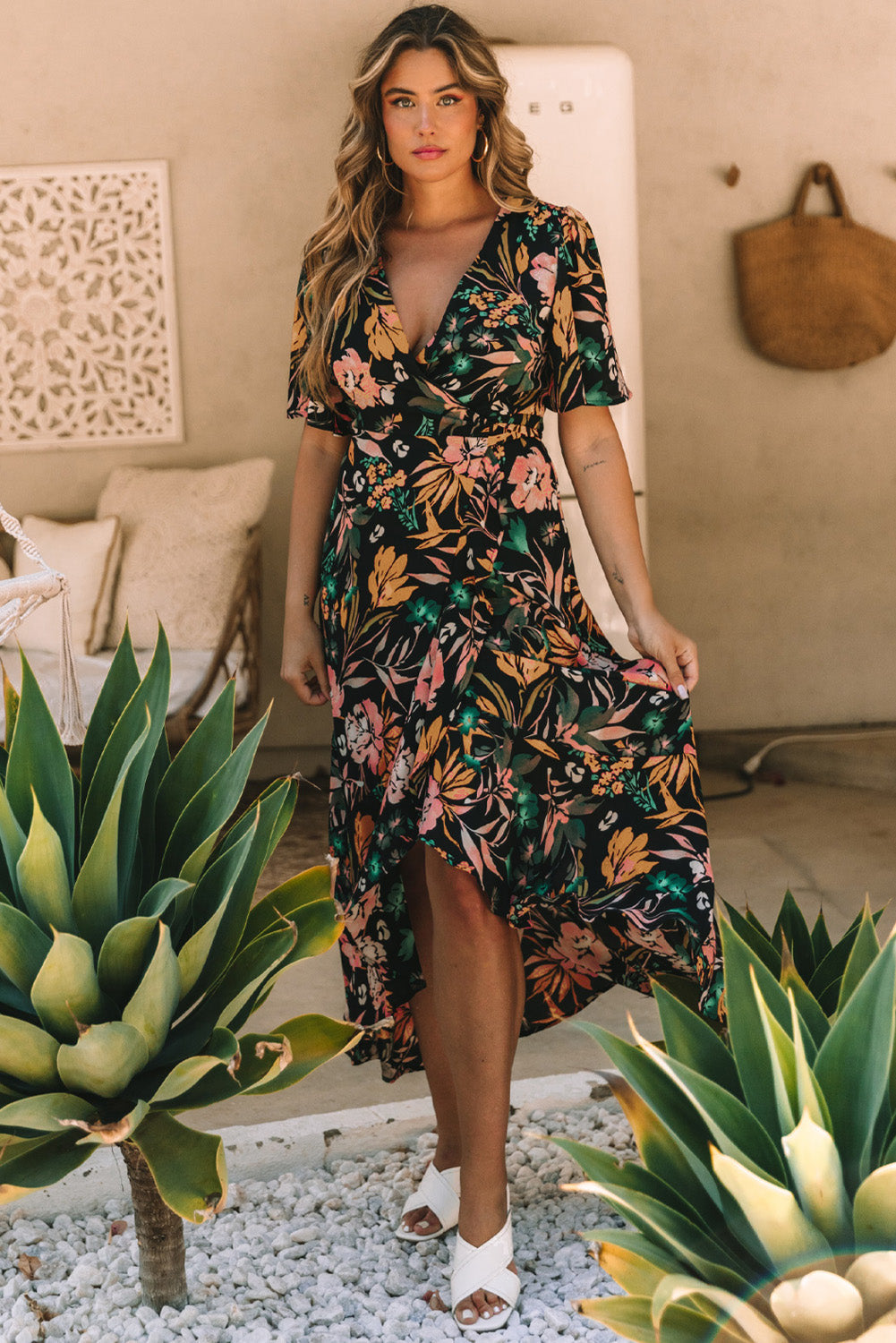 Black Floral Print Knotted Wrapped V Neck Maxi Dress