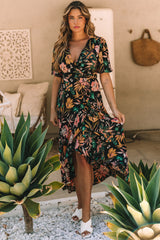 Black Floral Print Knotted Wrapped V Neck Maxi Dress