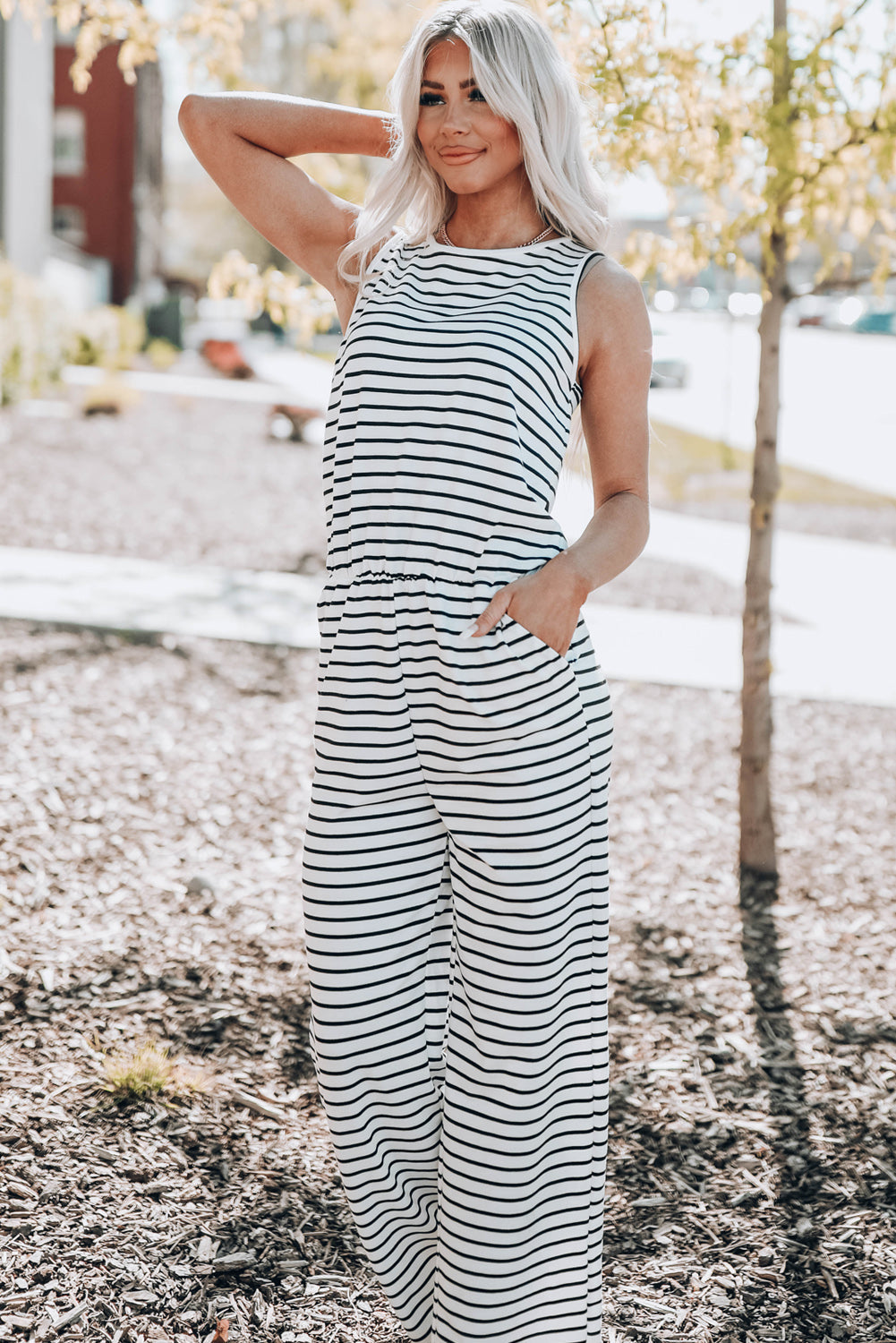 White Striped Print Pocketed Sleeveless Jumpsuit