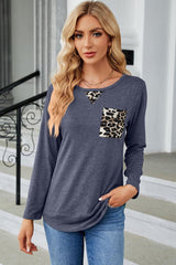 Blue Leopard Patch Detail Long Sleeve Top