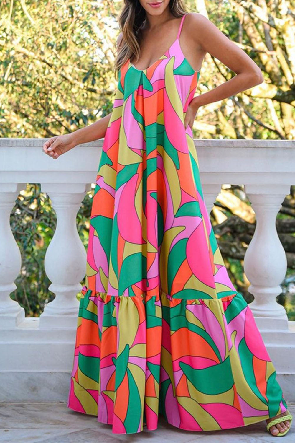 Multicolor Boho Geometric Print Sleeveless Maxi Dress