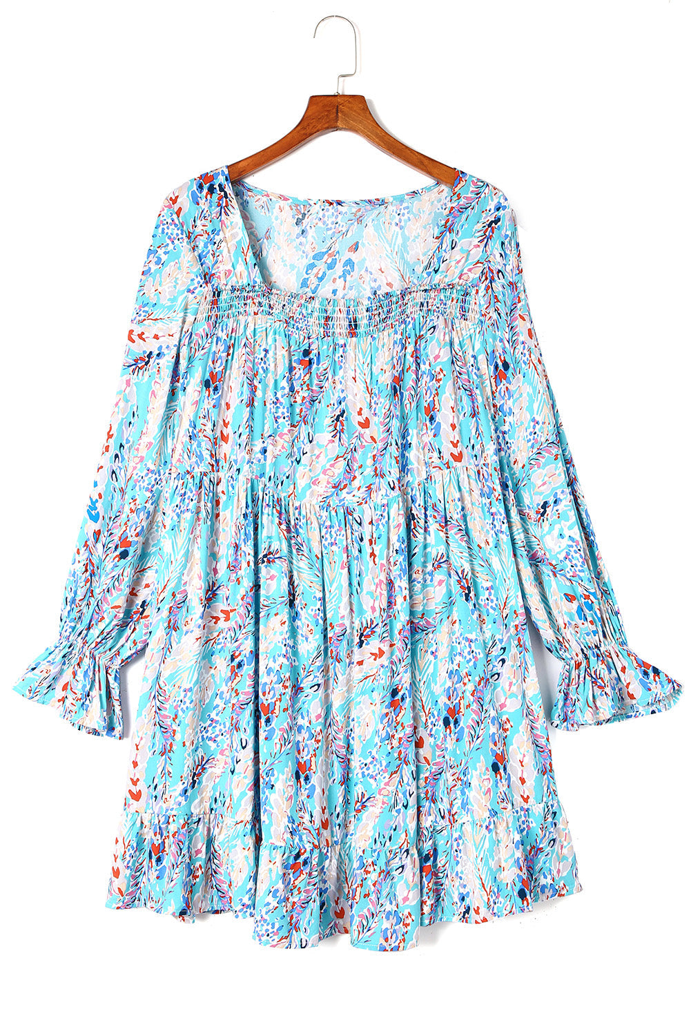Sky Blue Ruffled Square Neck Floral Dress