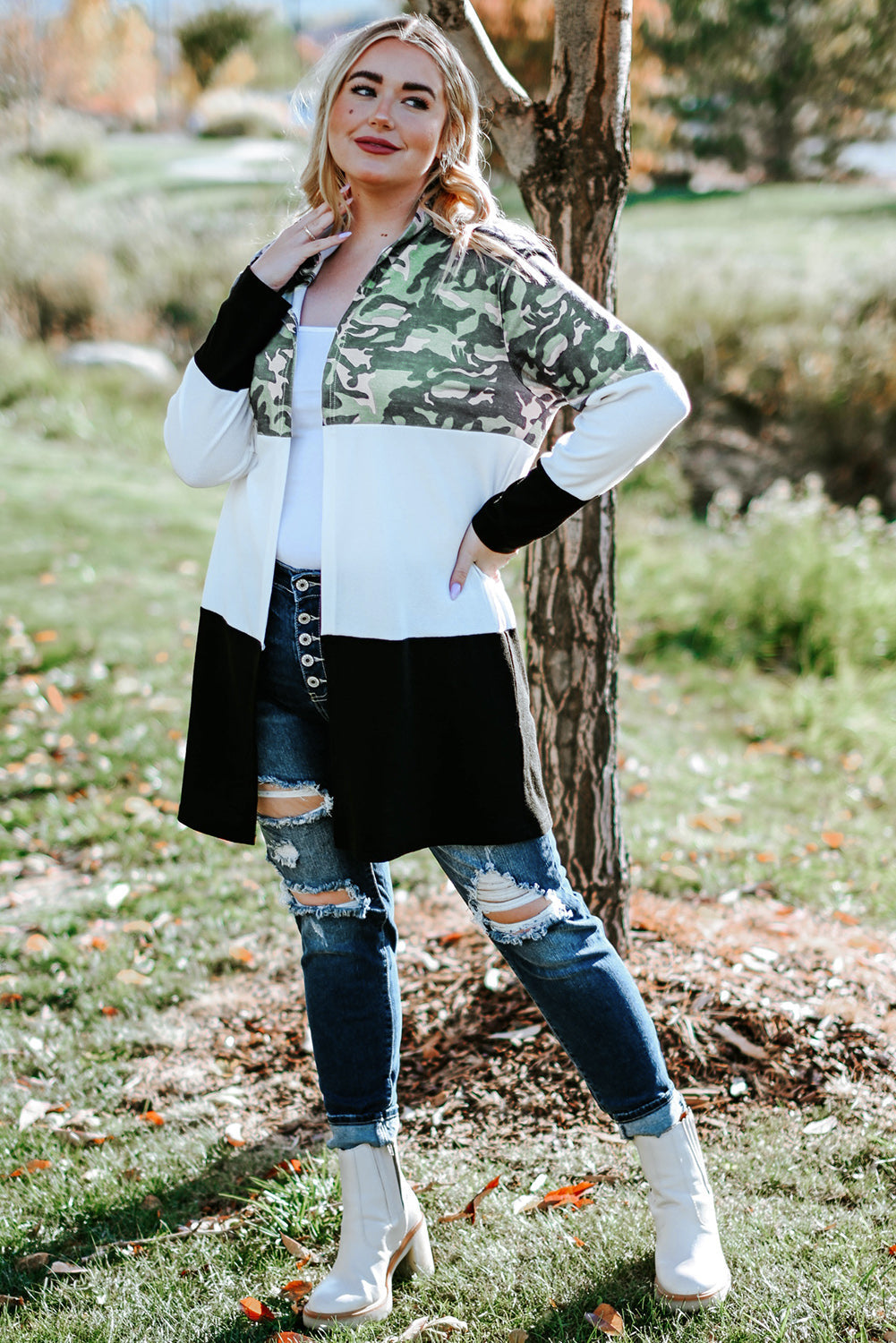 Army Camo Colorblock Hooded Cardigan