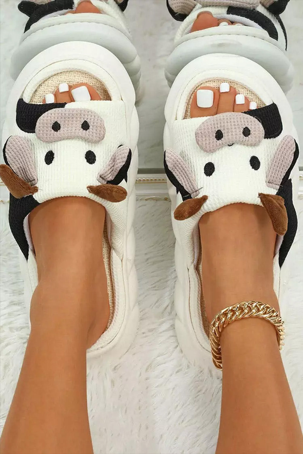 White Cartoon Animal Cow Plush Slippers