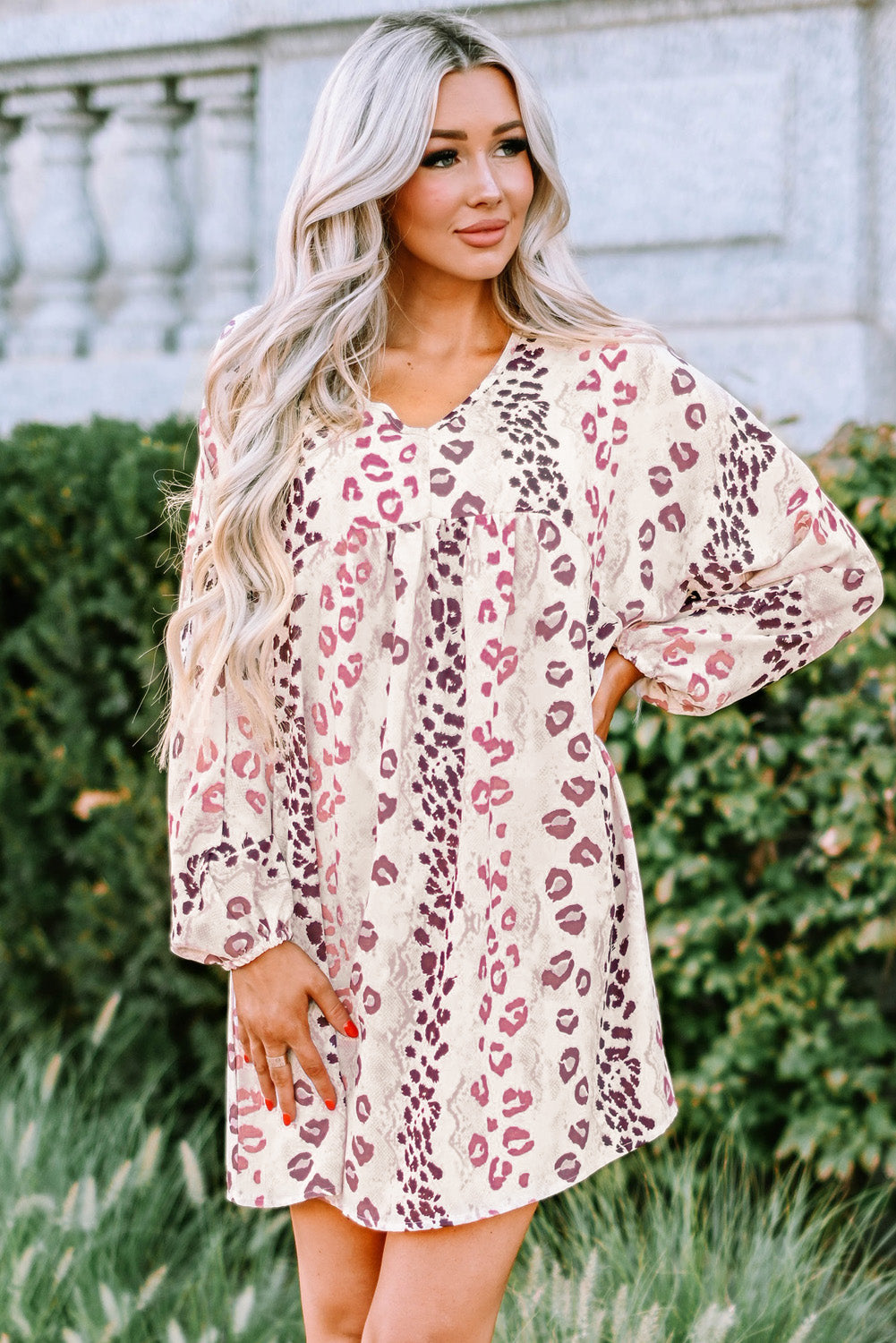 White Leopard V Neck Puffy Sleeve Dress