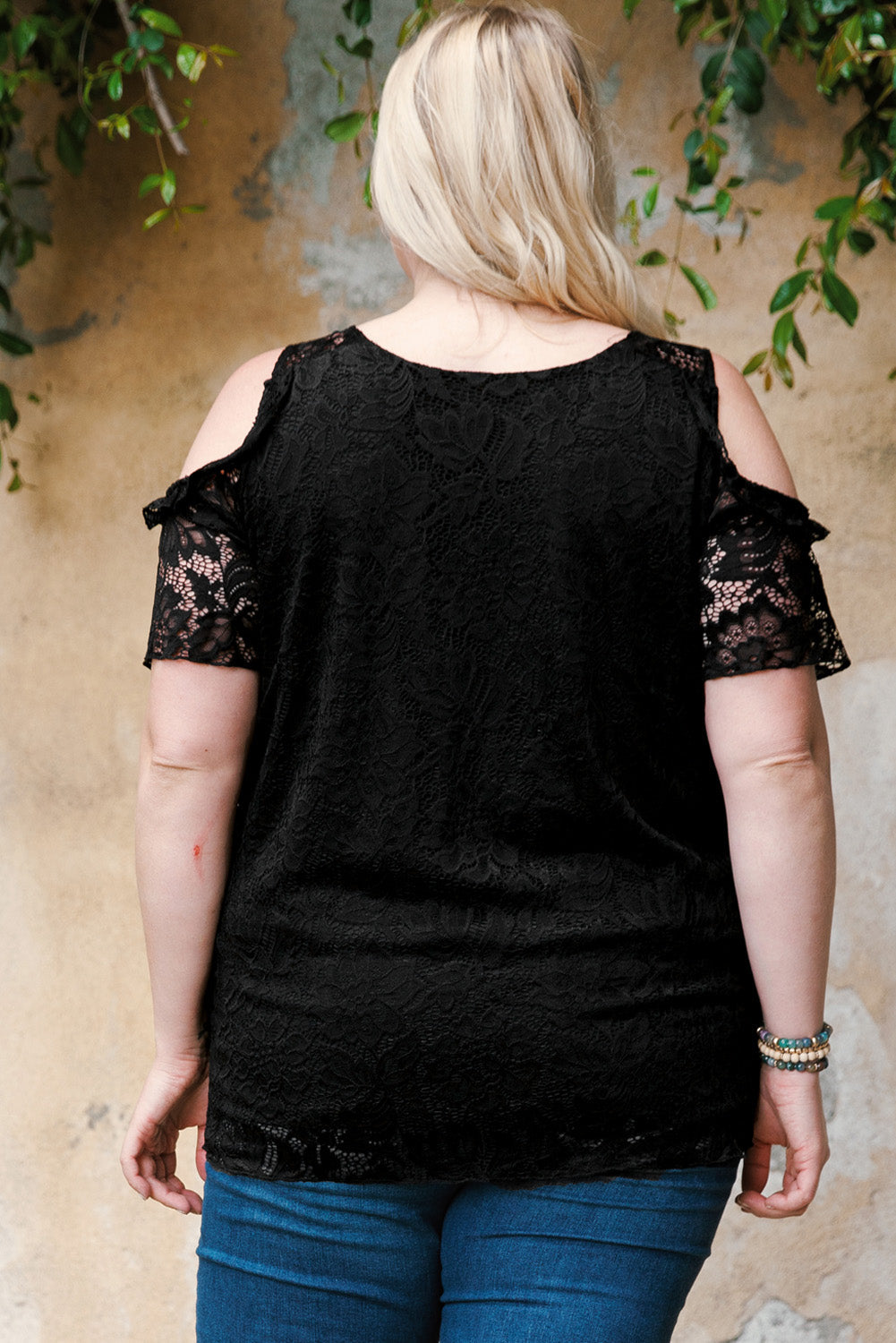 Black Floral Lace Cold Shoulder Plus Size Top