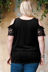 Black Floral Lace Cold Shoulder Plus Size Top