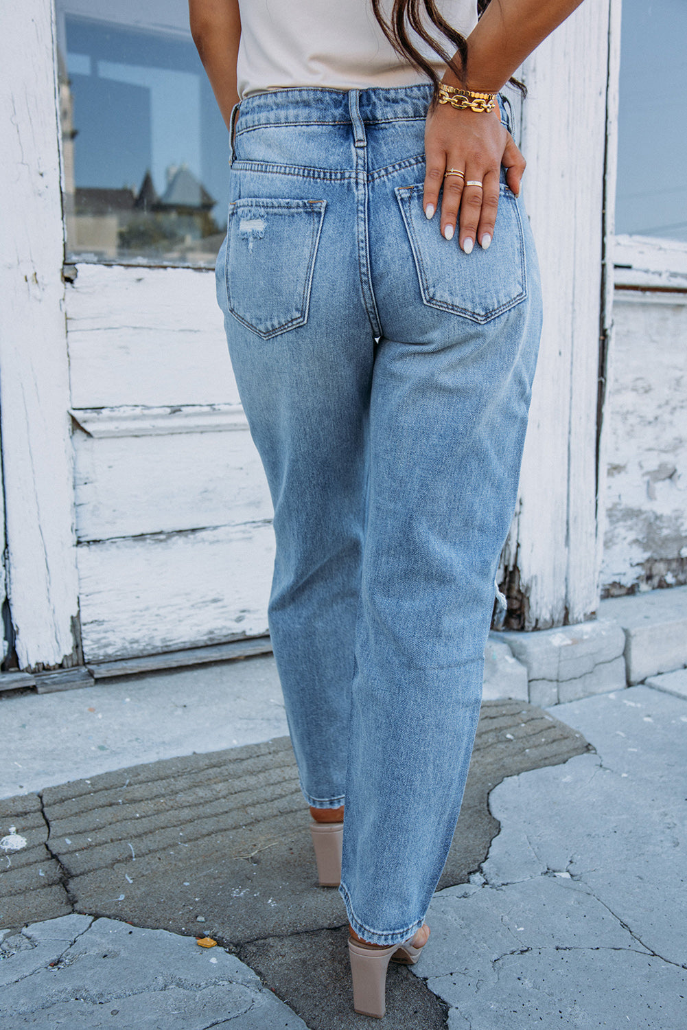 Sky Blue Open Knee Cutout Straight Leg Jeans