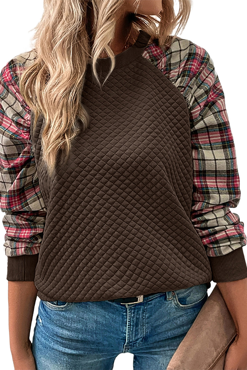 Brown Plaid Raglan Sleeve Sweatshirt