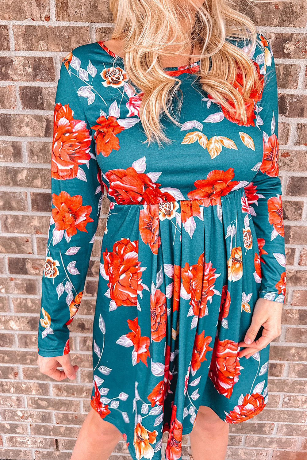 Blue Floral Pleated Long Sleeves Dress